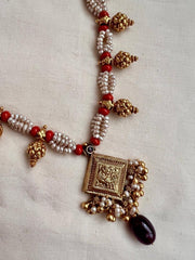 Gold polish pearls & corals beaded necklace with nakshi work beads-Silver Neckpiece-CI-House of Taamara