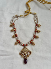 Gold polish pearls & corals beaded necklace with nakshi work beads-Silver Neckpiece-CI-House of Taamara