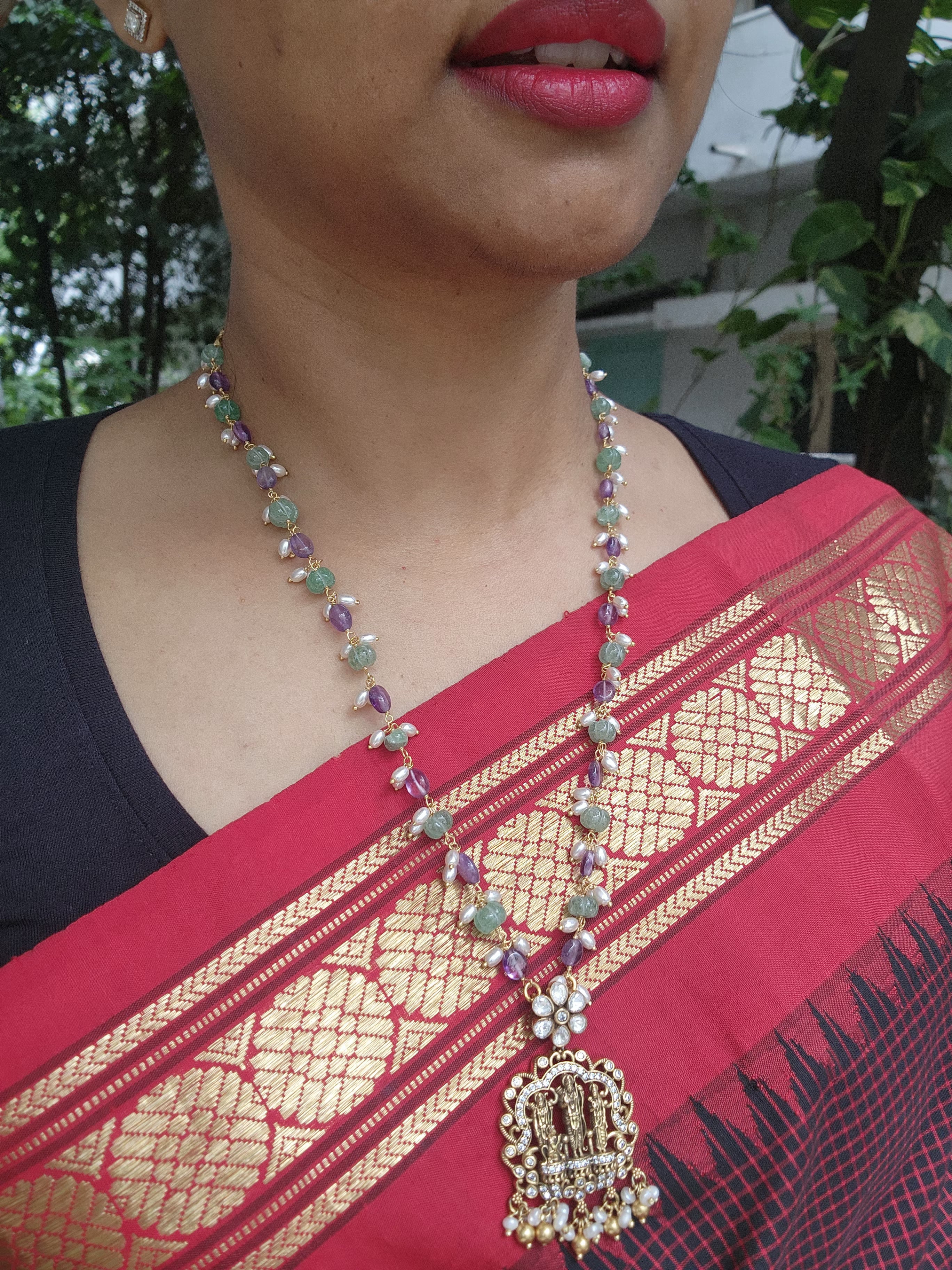 Gold polish pendant with amethyst, pumpkin jade & pearls chain-Silver Neckpiece-CI-House of Taamara