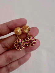 Gold polish pink ruby flower hangings-Earrings-CI-House of Taamara