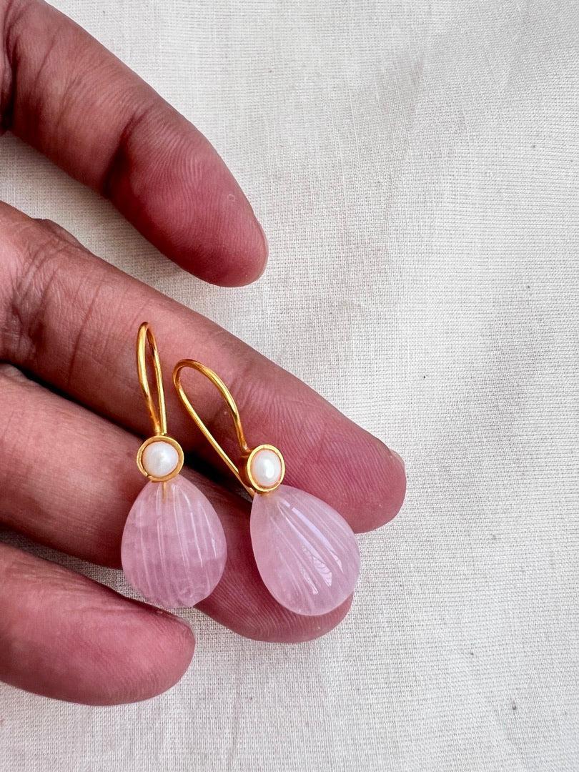 Gold polish rose quartz bead hangings-Earrings-CI-House of Taamara