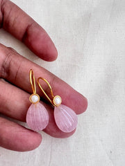 Gold polish rose quartz bead hangings-Earrings-CI-House of Taamara