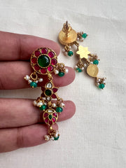 Gold polish ruby and emerald hangings with pearls-Earrings-CI-House of Taamara