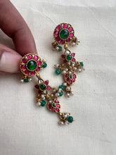 Gold polish ruby and emerald hangings with pearls-Earrings-CI-House of Taamara