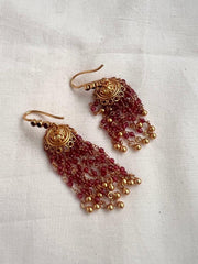 Gold polish ruby beads hanging jhumkas-Earrings-CI-House of Taamara