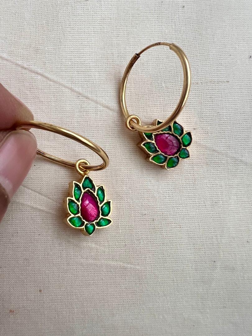Gold polish ruby & emerald flower loop earrings-Earrings-CI-House of Taamara