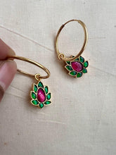 Gold polish ruby & emerald flower loop earrings-Earrings-CI-House of Taamara