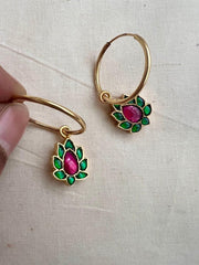 Gold polish ruby & emerald flower loop earrings-Earrings-CI-House of Taamara