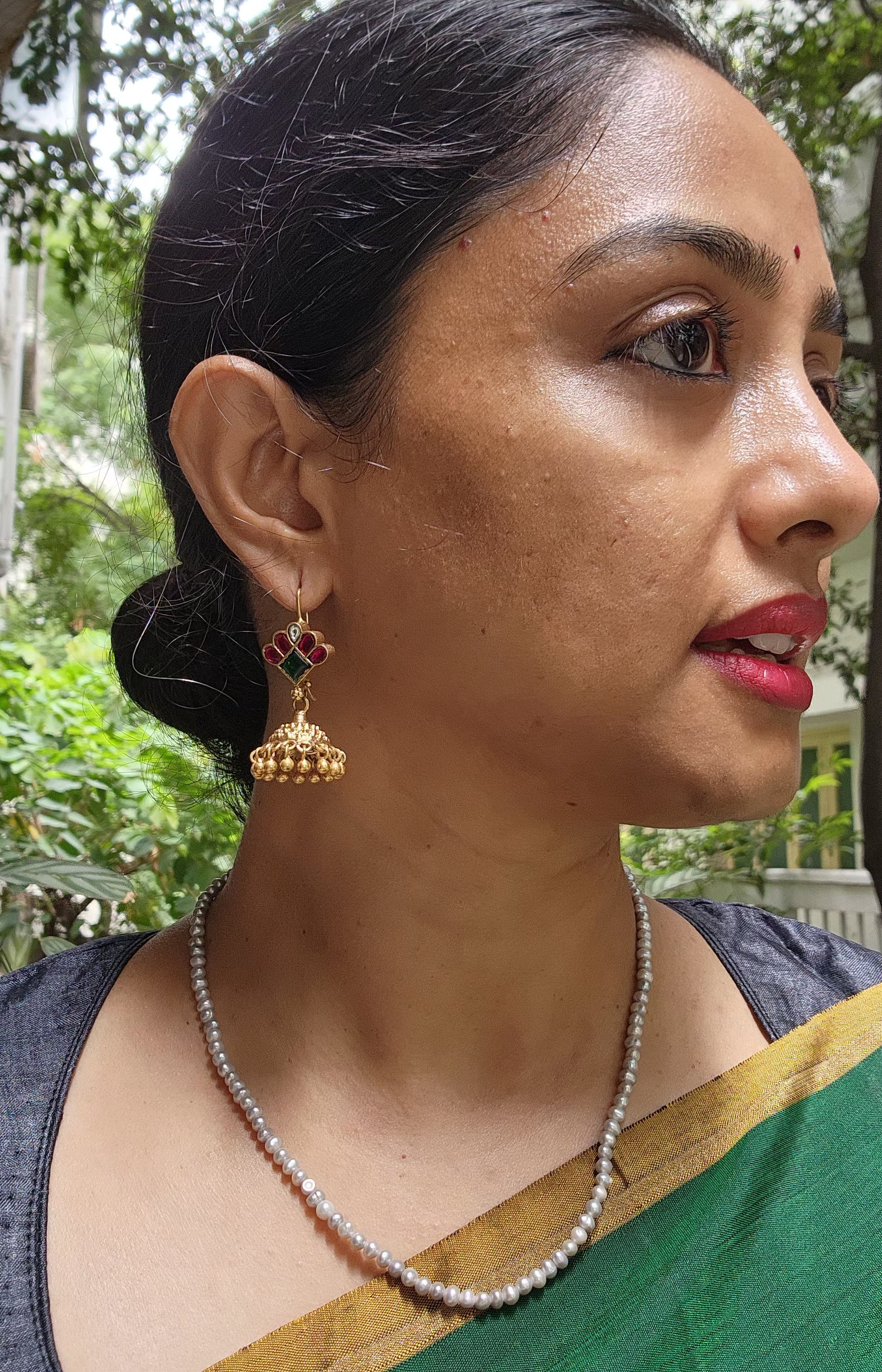 Gold polish ruby & emerald jhumkas-Earrings-CI-House of Taamara