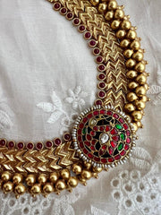 Gold polish ruby necklace with kundan, ruby & emerald peacock-Silver Neckpiece-CI-House of Taamara
