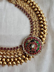 Gold polish ruby necklace with kundan, ruby & emerald peacock-Silver Neckpiece-CI-House of Taamara