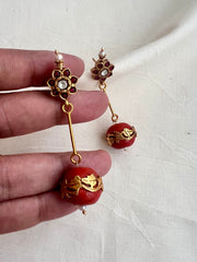 Gold polish ruby stud with coral bead hangings-Earrings-CI-House of Taamara