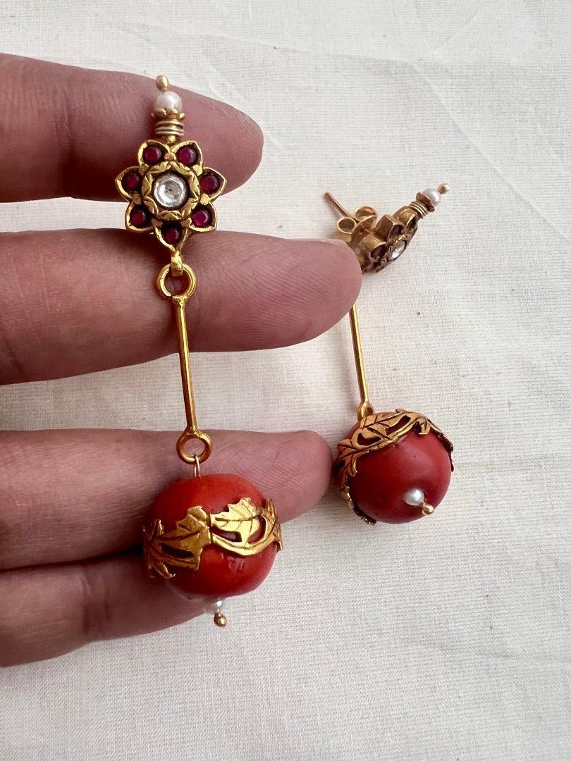 Gold polish ruby stud with coral bead hangings-Earrings-CI-House of Taamara