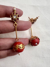Gold polish ruby stud with coral bead hangings-Earrings-CI-House of Taamara
