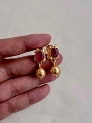 Gold polish ruby studs with gold bead hanging-Earrings-CI-House of Taamara