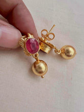 Gold polish ruby studs with gold bead hanging-Earrings-CI-House of Taamara