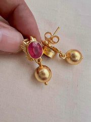 Gold polish ruby studs with gold bead hanging-Earrings-CI-House of Taamara