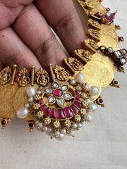 Gold polish short kasumala with kundan motifs-Silver Neckpiece-CI-House of Taamara