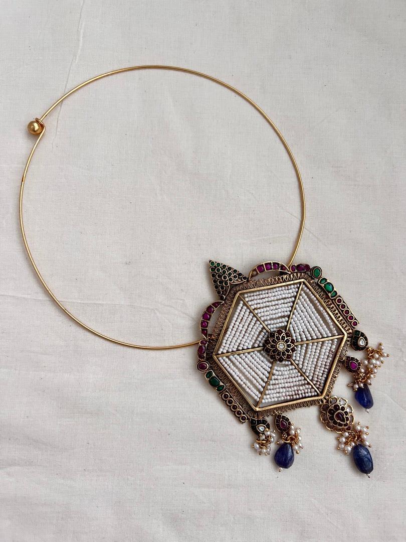 Gold polish statement pendant with hasli-Silver Neckpiece-CI-House of Taamara