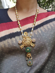 Gold polish statement pendant with pearls and gold beads chain-Silver Neckpiece-CI-House of Taamara