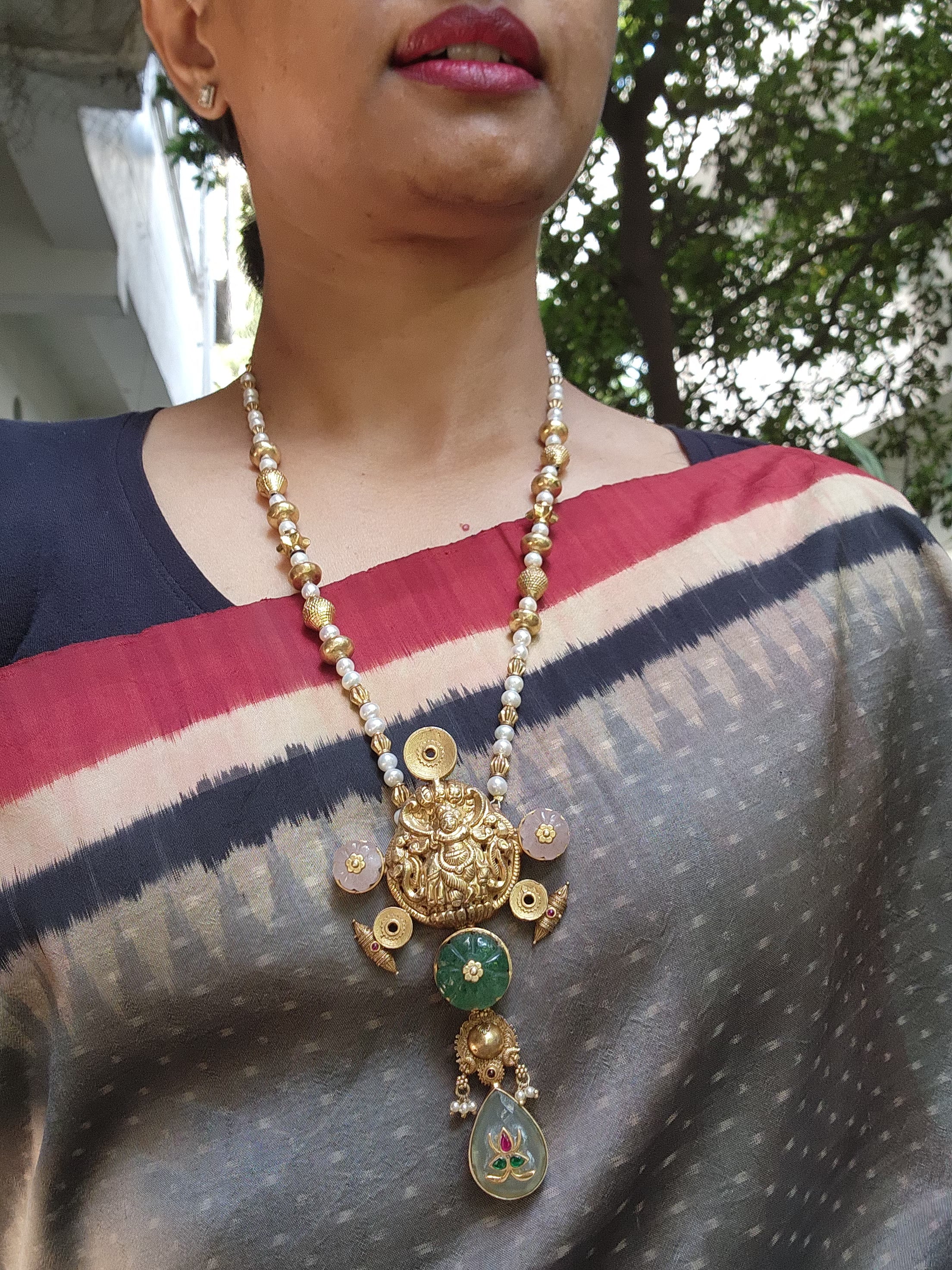 Gold polish statement pendant with pearls and gold beads chain-Silver Neckpiece-CI-House of Taamara