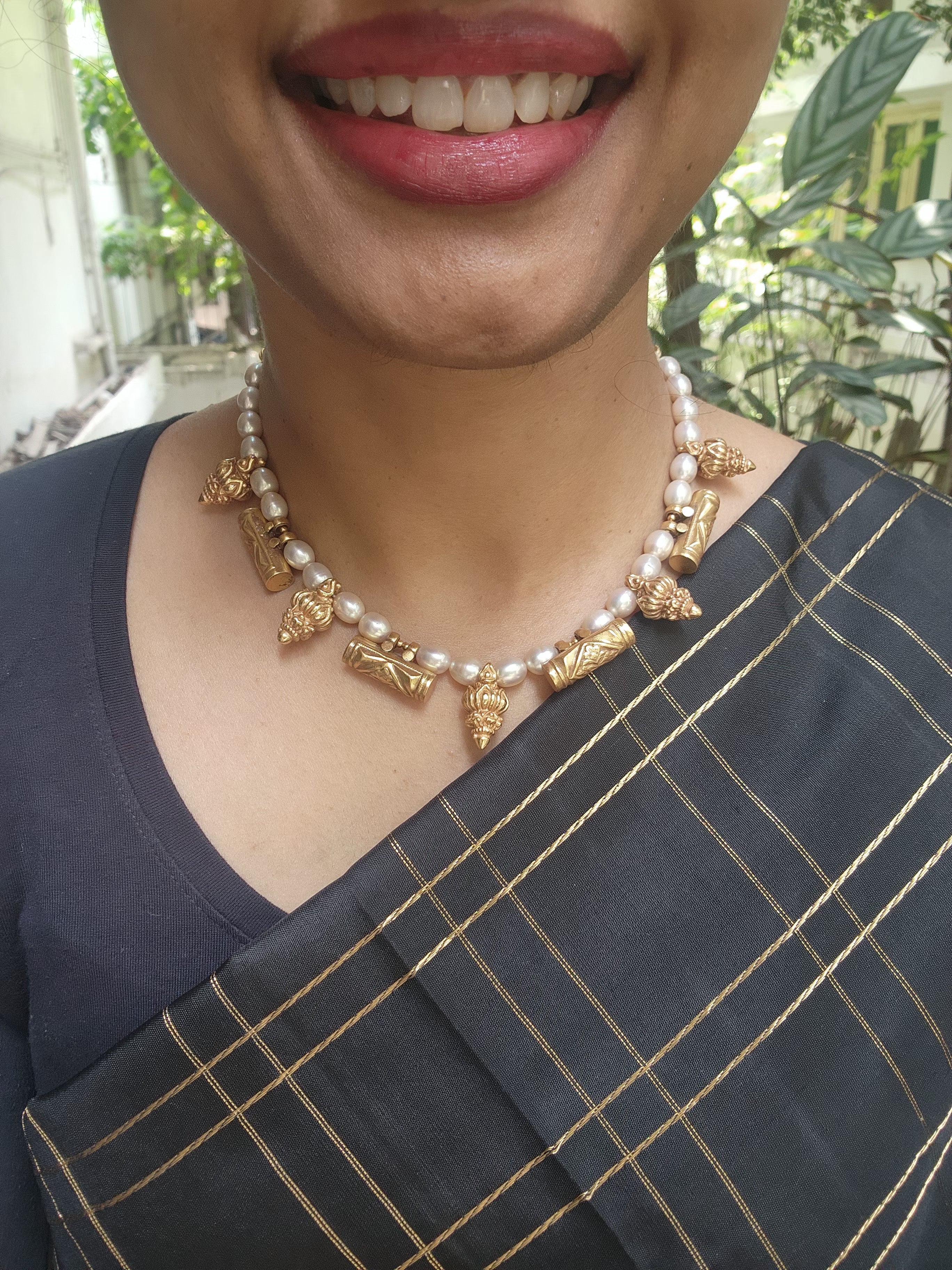 Gold polish threaded necklace with pearls & nagas work beads-Silver Neckpiece-CI-House of Taamara