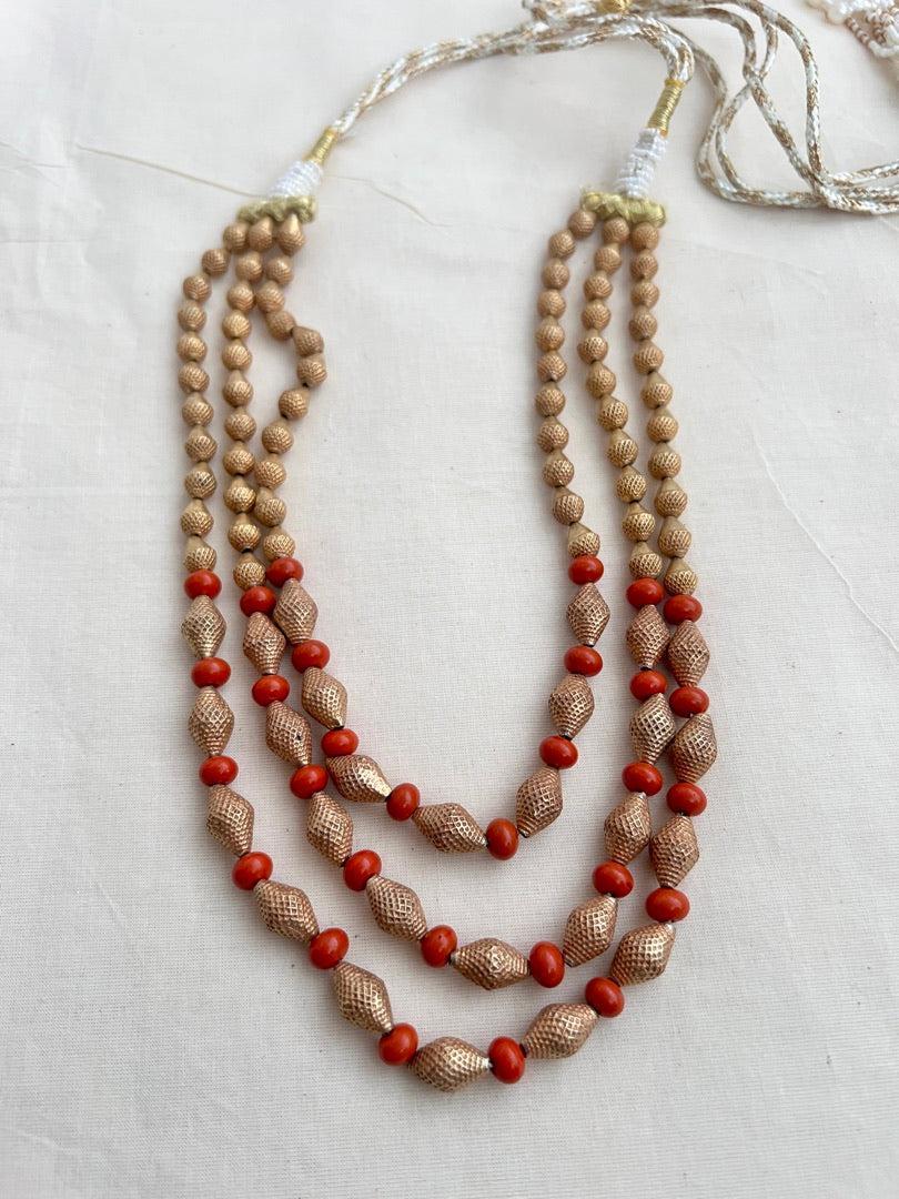 Gold polish three layer antique style beads and corals chain-Silver Neckpiece-CI-House of Taamara
