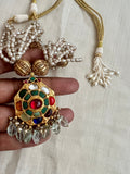 Gold polish turquoise & navrathan style pendant with pearls bunch chain-Silver Neckpiece-CI-House of Taamara