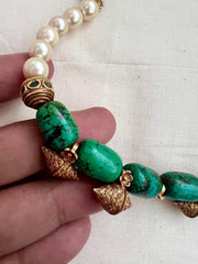 Gold polish turquoise & pearls beaded necklace-Silver Neckpiece-CI-House of Taamara