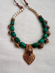 Gold polish turquoise & pearls beaded necklace-Silver Neckpiece-CI-House of Taamara