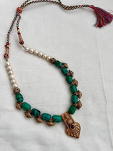 Gold polish turquoise & pearls beaded necklace-Silver Neckpiece-CI-House of Taamara