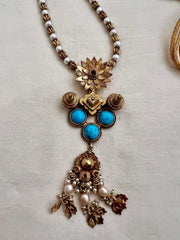 Gold polish turquoise pendant with pearls and nakash beads chain-Silver Neckpiece-CI-House of Taamara