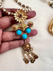 Gold polish turquoise pendant with pearls and nakash beads chain-Silver Neckpiece-CI-House of Taamara