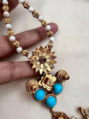Gold polish turquoise pendant with pearls and nakash beads chain-Silver Neckpiece-CI-House of Taamara