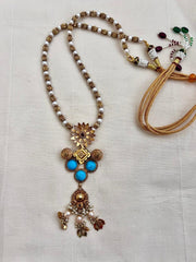 Gold polish turquoise pendant with pearls and nakash beads chain-Silver Neckpiece-CI-House of Taamara
