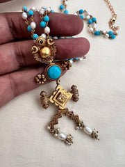 Gold polish turquoise pendant with pearls & turquoise beads chain-Silver Neckpiece-CI-House of Taamara