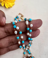 Gold polish turquoise pendant with pearls & turquoise beads chain-Silver Neckpiece-CI-House of Taamara