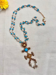 Gold polish turquoise pendant with pearls & turquoise beads chain-Silver Neckpiece-CI-House of Taamara