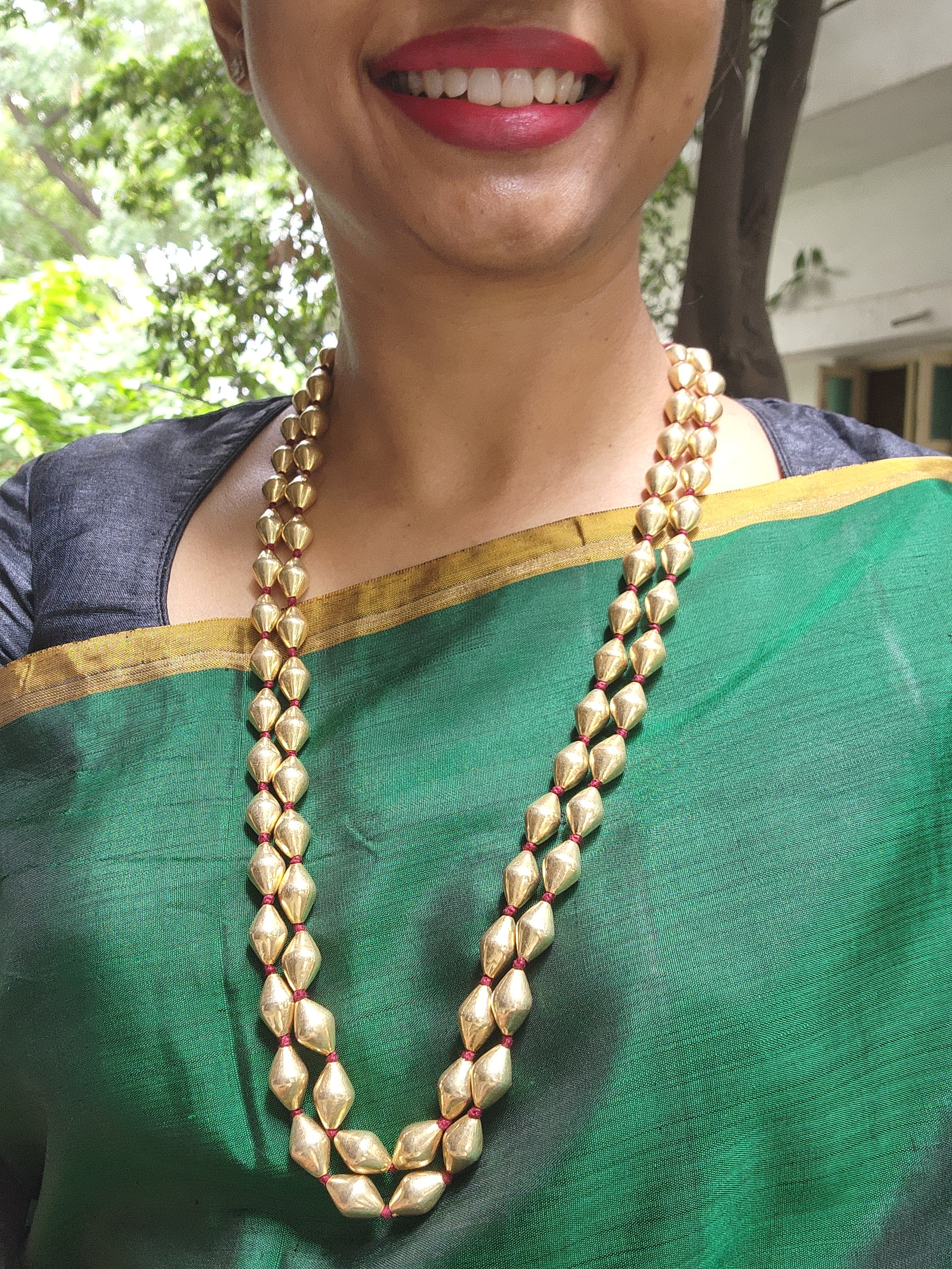 Gold polish two layer dholki beads chain-Silver Neckpiece-CI-House of Taamara