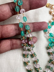 Gold polish two layer pearl chain with green onyx and rose quartz beads-Silver Neckpiece-CI-House of Taamara
