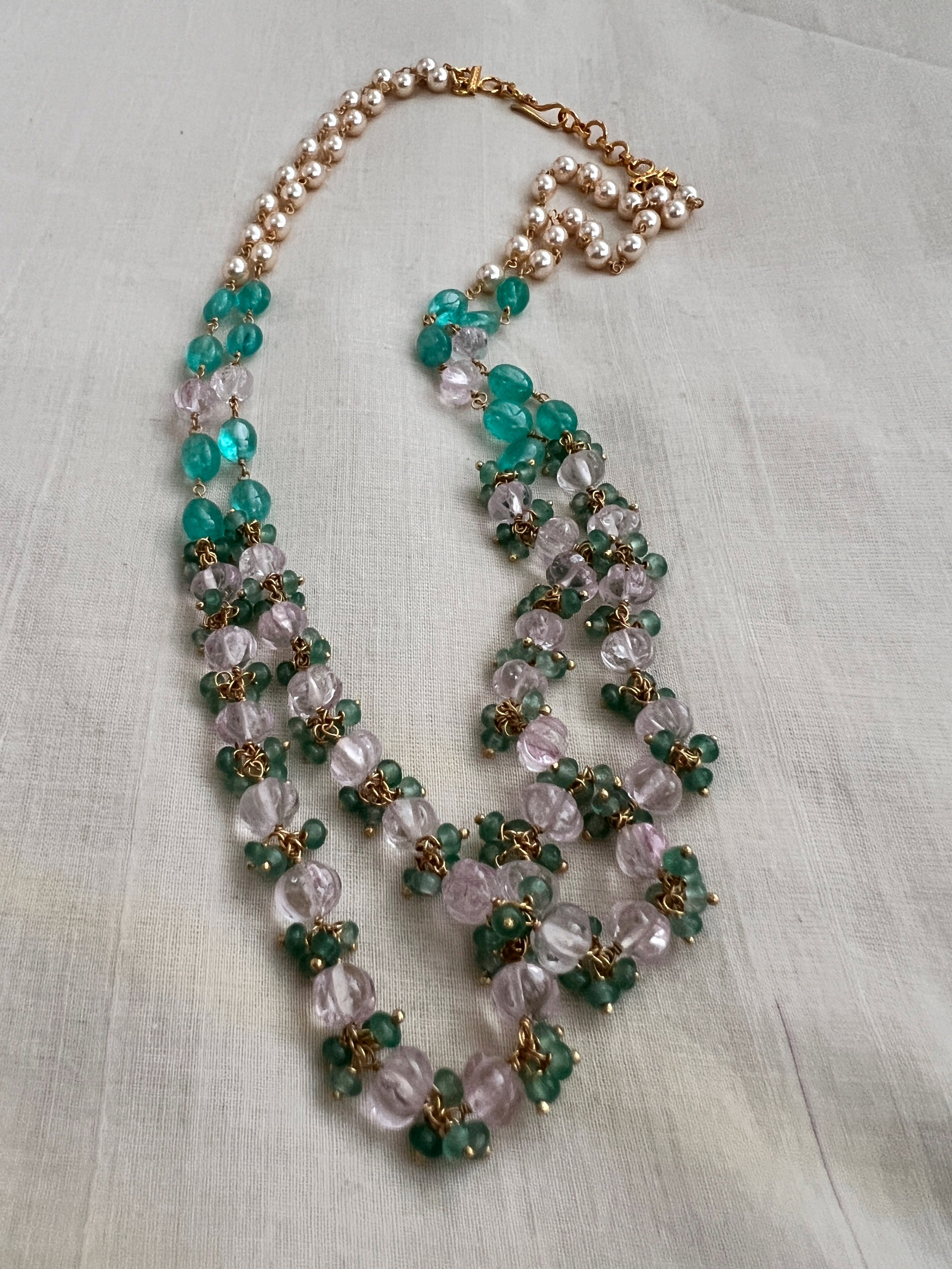 Gold polish two layer pearl chain with green onyx and rose quartz beads-Silver Neckpiece-CI-House of Taamara