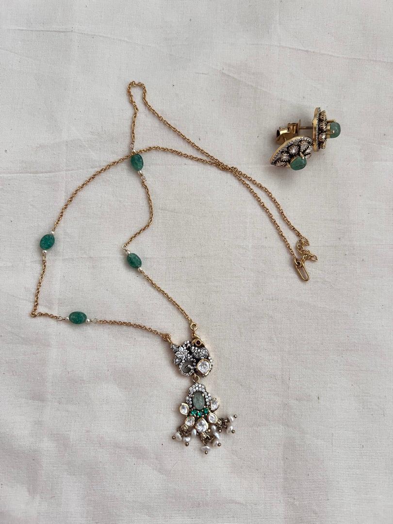 Gold polish victorian moissanite pendant with chain, SET-Silver Neckpiece-CI-House of Taamara