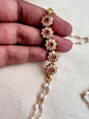Gold polish zircon and red kemp stone side mope with pearls chain-Silver Neckpiece-CI-House of Taamara