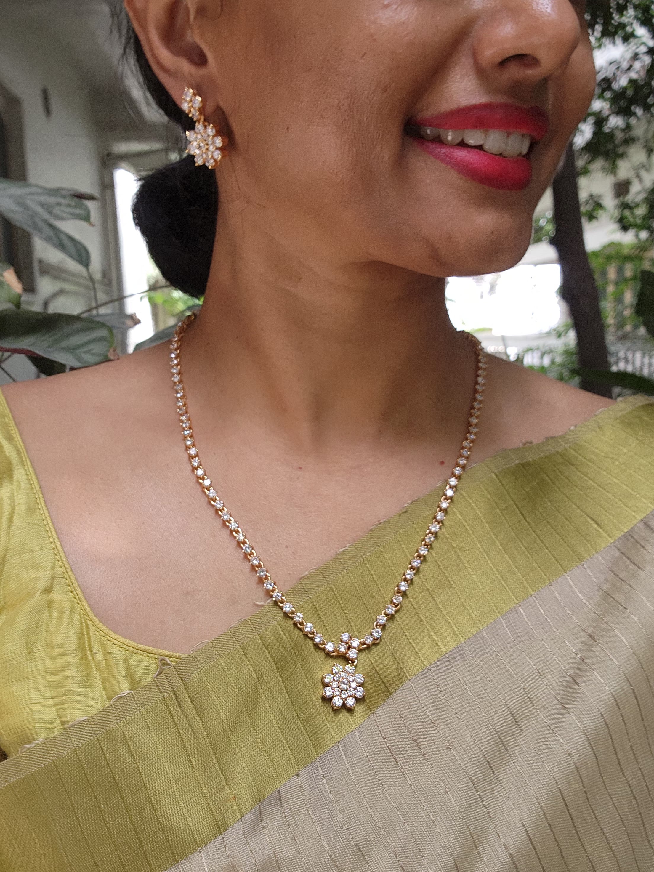 Gold polish zircon necklace with earrings, SET-Silver Neckpiece-CI-House of Taamara