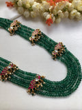 Green beads with kundan peacock motifs four layers chain (MADE TO ORDER)-Silver Neckpiece-PL-House of Taamara