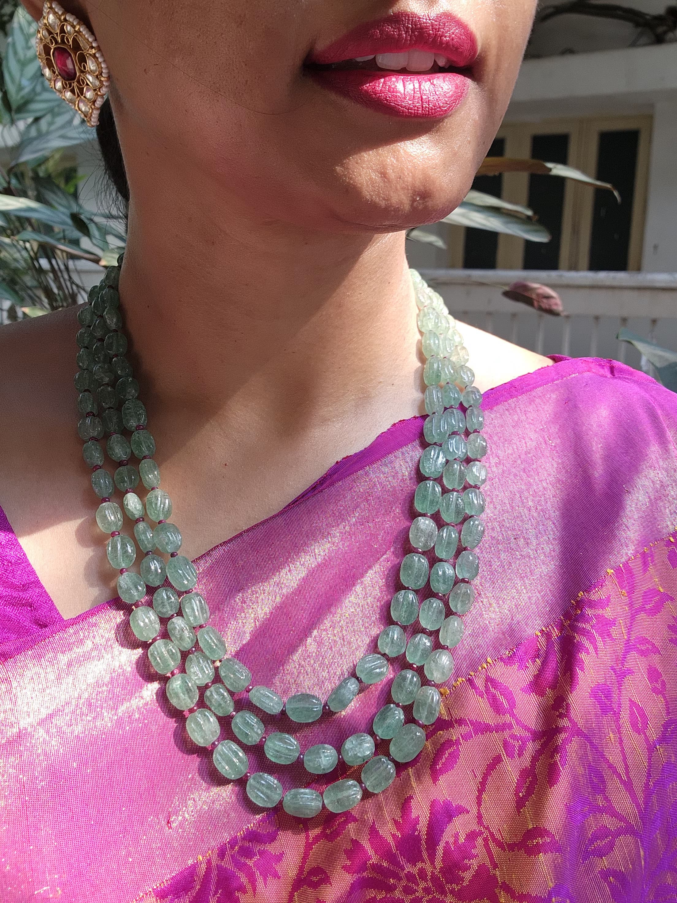 Green jade beads with pink ruby beads necklace-Silver Neckpiece-PL-House of Taamara