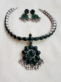 Green kemp adigai necklace set-Silver Neckpiece-CI-House of Taamara