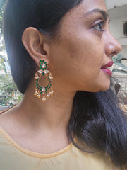 Green kundan chand long earrings-Earrings-PL-House of Taamara