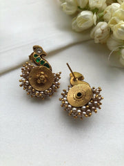 Green kundan peacock earrings with pearls around-Earrings-PL-House of Taamara