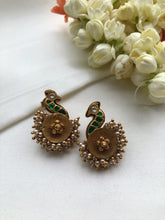 Green kundan peacock earrings with pearls around-Earrings-PL-House of Taamara